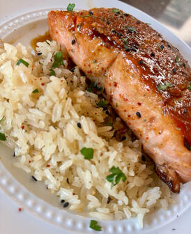 honey-soy glazed salmon on rice