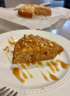 walnut date cake with bourbon toffee drizzle